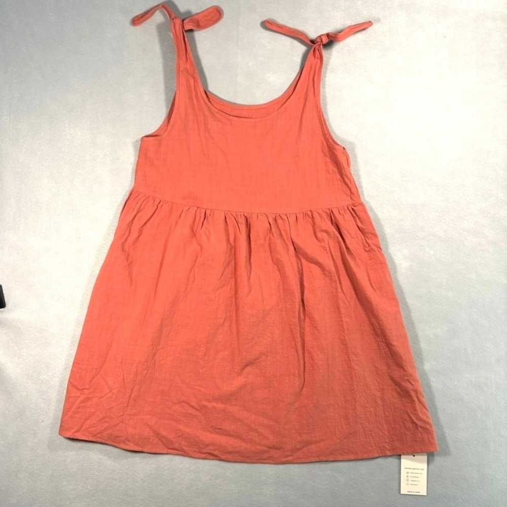 NEW Coral Orange Tie Shoulder Babydoll Mini‎ Dress Pockets Boho Lagenlook